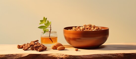 Poster - Tea in wooden bowl isolated pastel background Copy space