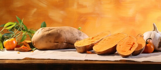 Poster - Sweet potato bread on isolated pastel background Copy space en board slices