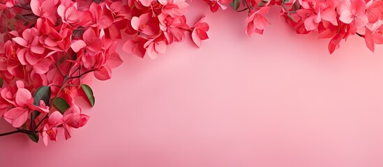 Poster - Red and pink bougainvillea flowers scattered on a isolated pastel background Copy space isolated bouquet