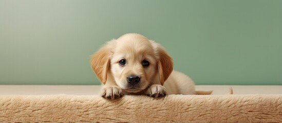 Poster - Tiny adorable Golden Retriever puppy isolated pastel background Copy space carpet Separate isolated pastel background Copy space