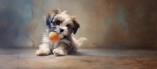 Poster - Puppy and toy playing isolated pastel background Copy space