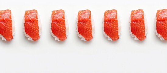 Poster - Salmon sushi nigiri isolated in isolated pastel background Copy space