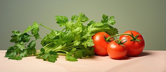 Wall Mural - Tomatoes and parsley isolated on a isolated pastel background Copy space as still life