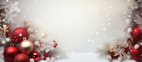 Poster - Red Christmas decorations on a isolated pastel background Copy space viewed from above with empty space