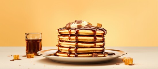 Poster - Stacked pancakes with chocolate syrup on isolated pastel background Copy space