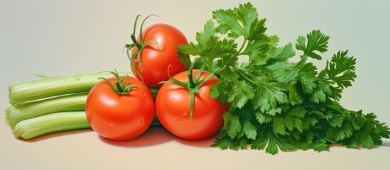 Poster - Tomatoes and parsley isolated on a isolated pastel background Copy space as still life