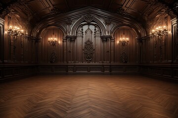 Premium style an empty room with wooden boiserie on the wall, featuring walnut wood panels. wooden wall of an old styled room