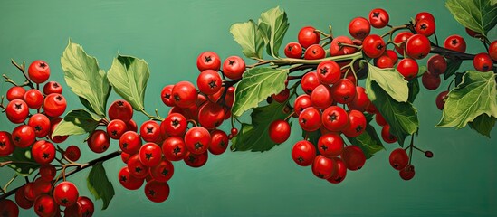 Poster - Red berries isolated pastel background Copy space leaves