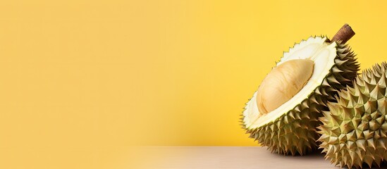 Poster - Thai durian crowned tropical fruit on isolated pastel background Copy space