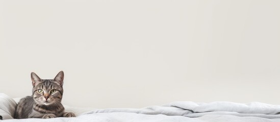 Poster - Tomcat perched on the mattress isolated pastel background Copy space