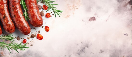 Poster - Tasty sausages with spicy rosemary on isolated pastel background Copy space