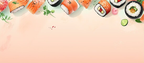 Aufkleber - Shrimp wrapped sushi with tuna cucumber omelette and cream cheese delicious isolated pastel background Copy space