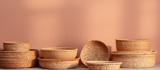 Aufkleber - Set of handmade wicker baskets of varying sizes isolated pastel background Copy space