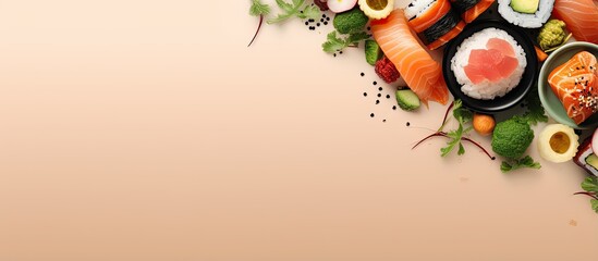 Poster - Sushi menu with Japanese cuisine served on a black plate isolated pastel background Copy space