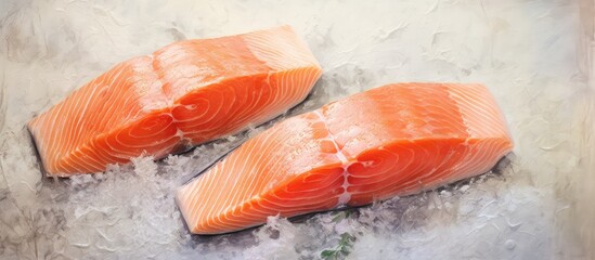 Poster - Salted and peppered raw salmon prepared for cooking isolated pastel background Copy space