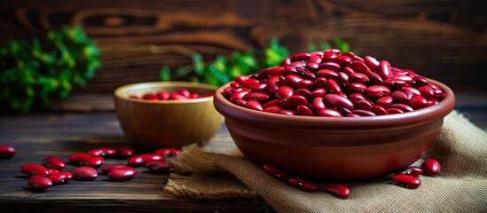 Aufkleber - Selective focus on dry adzuki beans in clay bowl on isolated pastel background Copy space en table some in focus some not