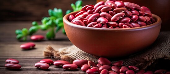 Aufkleber - Selective focus on dry adzuki beans in clay bowl on isolated pastel background Copy space en table some in focus some not