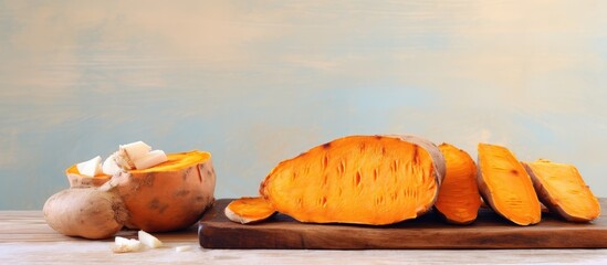 Poster - Sweet potato bread on isolated pastel background Copy space en board slices