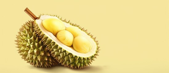 Poster - Thai durian crowned tropical fruit on isolated pastel background Copy space