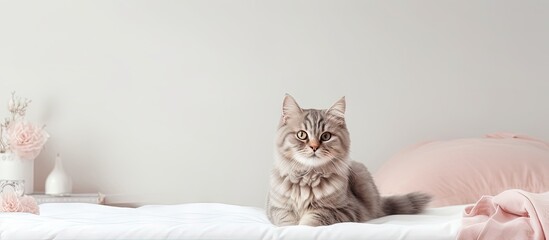 Poster - Tomcat perched on the mattress isolated pastel background Copy space