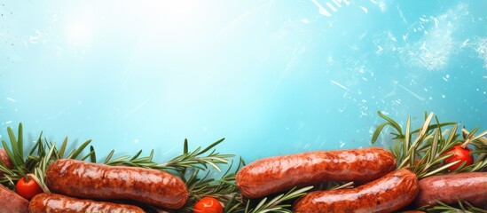 Poster - Tasty sausages with spicy rosemary on isolated pastel background Copy space