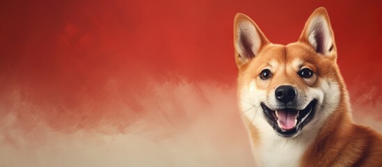 Poster - Smiling Japanese dog sits on a isolated pastel background Copy space