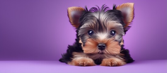 Poster - Small Yorkie puppy alone on purple background Studio portrait facing forward isolated pastel background Copy space