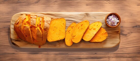 Poster - Sweet potato bread on isolated pastel background Copy space en board slices
