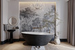 Open Bath Place in Bedroom Where interior with Exclusive Bathtub, Sink, Mirror and Chandelier, Wall Painting, 3D rendering