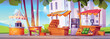 Street food fruit market in city park cartoon illustration. Fresh farm stand stall for outdoor event or traditional festival. Bazaar on road with snack and coffee in summer landscape background