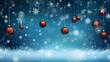 red Christmas balls hanging over blue winter snowfall background, neural network generated image. Not based on any actual scene or pattern.