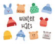 Cute cozy knitted hats set with lettering winter hats. Children and adults autumn hats collection. Cartoon vector illustration