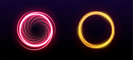 Poster - Magic neon light circle portal with glow effect. Ring line spark flare frame with shine. Isolated red and gold abstract radiant luminous swirl design. Illuminated bright dynamic motion speed trail