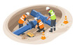underground water pipe construction engineering inspection and worker working maintenance isometric isolated cartoon