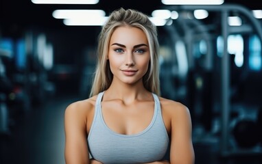 Canvas Print - A young woman does sports in the gym and looks at the camera. Generative AI