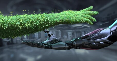 Wall Mural - Concept of integration Ai with Green technology, 3d design, human arm as a symbol of The Nature covered with grass and lush touching highly detailed robotic hand