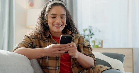 Aufkleber - Home cellphone, relax and happy woman typing email, social network post or texting web user. Lounge sofa, mobile phone service and person search internet, website and reading app info, data or blog