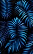 Exotic blue bright palm leaves seamless pattern on black background, Generative AI