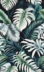 Naklejka na meble Tropical plants wallpaper design, marble detail background, hand drawing, brush textured, pattern design, mural art, Generative AI