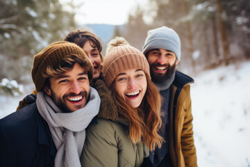 Group of friends having fun in winter forest. Young men and women having fun outdoors.