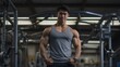 © visuallabel - Portrait of young sporty playing in gym. Happy athletic fit muscular couple in fitness center.
