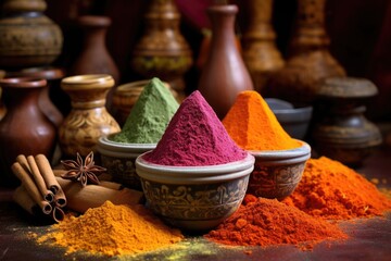 Canvas Print - mortar with colorful spice powders and spice jars in the background