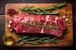 top view of a raw beef roast with garlic and rosemary