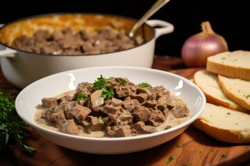 Wall Mural - beef stroganoff dish with slice of bread on the side