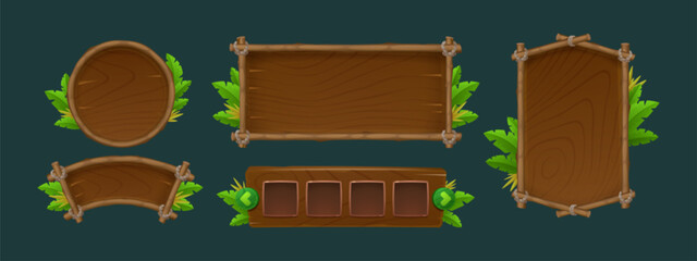 Poster - Wood jungle ui game sign board vector cartoon. Forest wooden signboard frame template for text or button. Tropical billboard panel for menu set. Isolated circle border with rainforest leaves icon