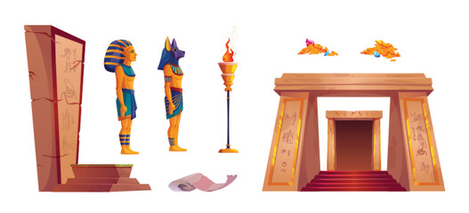 Poster - set of egyptian pyramid interior design elements isolated on white background. vector cartoon illust