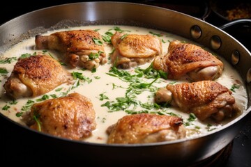 Sticker - chicken thighs simmering in a pan of white sauce