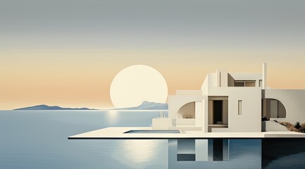 a white house with a pool in the background, greek art, and architecture, minimalist abstracts, rounded forms, serene oceanic vistas, organic architecture