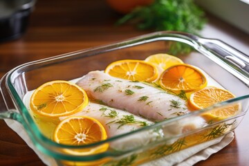 Wall Mural - citrus-marinated fish in a glass pan ready for the grill