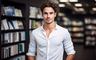 A young handsome man in a white shirt is looking at shelves with books in a bookstore. Generative AI